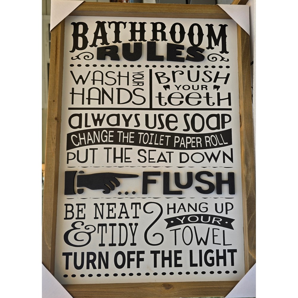 Bathroom Rules Wooden Wall Art Sign 3D Raised Lettering Farmhouse Decor 12x18